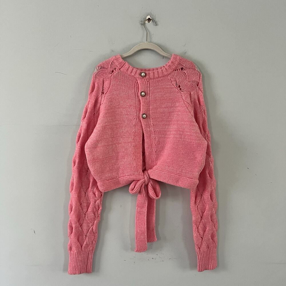 NWT Storia Sweetie Pie Cable Knit Pink Tie Back Pearl Button Sweater - Picture 3 of 5